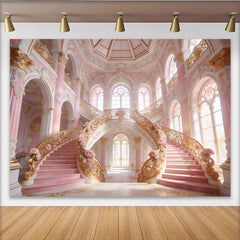Lofaris Pink and Gold Palace Photography Backdrop with Grand Staircase and Roses, Luxurious Studio Background for Elegant Photoshoot