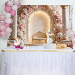 Lofaris Elegant Pink Floral Photography Backdrop with Golden Bench, Luxurious Studio Background for Wedding, Engagement, or Portrait Photoshoot