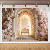 Lofaris Elegant Pink and White Floral Arch Wedding Backdrop with Golden Bench, Romantic Photography Background for Engagement Party Decor