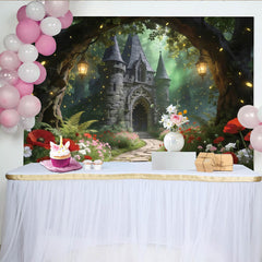 Lofaris Enchanted Forest Castle Photography Backdrop with Glowing Fireflies and Red Poppies, Magical Photo Studio Background for Portraits