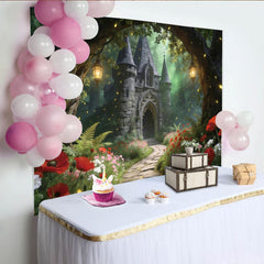 Lofaris Enchanted Forest Castle Photography Backdrop with Glowing Fireflies and Red Poppies, Magical Photo Studio Background for Portraits
