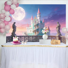 Lofaris Pink and Teal Fantasy Castle Photography Backdrop with Full Moon, Magical Fairytale Photo Background for Studio Portrait Sessions