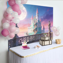 Lofaris Pink and Teal Fantasy Castle Photography Backdrop with Full Moon, Magical Fairytale Photo Background for Studio Portrait Sessions