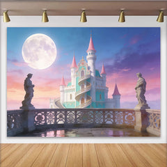 Lofaris Pink and Teal Fantasy Castle Photography Backdrop with Full Moon, Magical Fairytale Photo Background for Studio Portrait Sessions