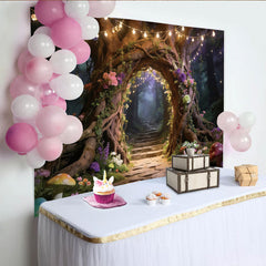 Lofaris Enchanted Forest Photography Backdrop with Tree Arch and Fairy Lights, Mystical Woodland Background for Studio Photoshoot