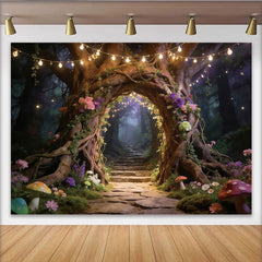 Lofaris Enchanted Forest Photography Backdrop with Tree Arch and Fairy Lights, Mystical Woodland Background for Studio Photoshoot