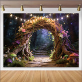 Lofaris Enchanted Forest Photography Backdrop with Tree Arch, Fairy Lights, and Colorful Flowers, Magical Studio Background for Photoshoot