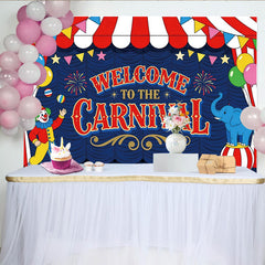 Lofaris Vibrant Red and Blue Carnival Birthday Backdrop with Clown and Elephant, Festive Welcome to the Carnival Party Background