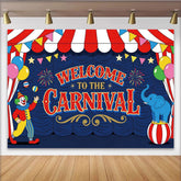 Lofaris Vibrant Red and Blue Carnival Birthday Backdrop with Clown and Elephant, Festive Welcome to the Carnival Party Background