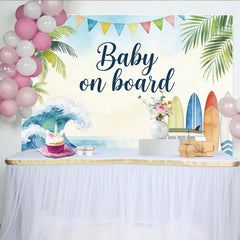 Lofaris Watercolor Surf Beach Baby Shower Backdrop with Palm Trees and Van, Tropical Ocean Wave Photography Background for Baby Welcome
