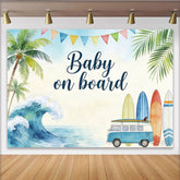 Lofaris Watercolor Surf Beach Baby Shower Backdrop with Palm Trees and Van, Tropical Ocean Wave Photography Background for Baby Welcome