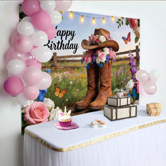Lofaris Country Floral Birthday Backdrop with Cowboy Boots and Hat, Rustic Western Party Decor for Photoshoot