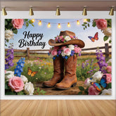 Lofaris Country Floral Birthday Backdrop with Cowboy Boots and Hat, Rustic Western Party Decor for Photoshoot