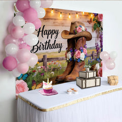 Lofaris Rustic Western Floral Birthday Backdrop with Cowboy Boots and Hat, String Lights and Wildflowers Photography Background for Party Decor