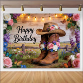 Lofaris Rustic Western Floral Birthday Backdrop with Cowboy Boots and Hat, String Lights and Wildflowers Photography Background for Party Decor