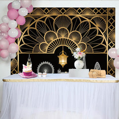 Lofaris Art Deco London Skyline Photography Backdrop with Golden Lantern, Elegant Black and Gold Background for Party or Studio Photoshoot