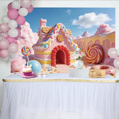 Lofaris Pink Candy Land Photography Backdrop with Gingerbread House and Lollipops, Sweet Fantasy Dessert Background for Kids Photoshoot