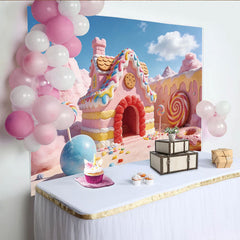 Lofaris Pink Candy Land Photography Backdrop with Gingerbread House and Lollipops, Sweet Fantasy Dessert Background for Kids Photoshoot
