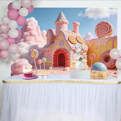 Lofaris Sweet Candy Land Photography Backdrop featuring a Pink Gingerbread House and Lollipops, Whimsical Studio Background for Kids