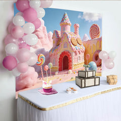 Lofaris Sweet Candy Land Photography Backdrop featuring a Pink Gingerbread House and Lollipops, Whimsical Studio Background for Kids