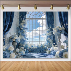 Lofaris Elegant Blue and White Floral Window Photography Backdrop, Beautiful Sky View Background for Studio Photoshoots and Events