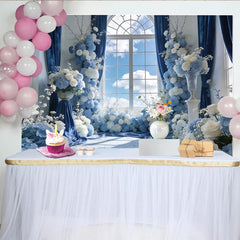 Lofaris Elegant Blue Floral Window Photography Backdrop with White Roses and Hydrangeas, Luxurious Studio Background for Wedding or Event Decor