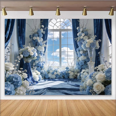 Lofaris Elegant Blue Floral Window Photography Backdrop with White Roses and Hydrangeas, Luxurious Studio Background for Wedding or Event Decor