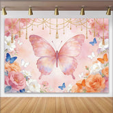 Lofaris Dreamy Pink Butterfly Floral Birthday Backdrop for Girls, Elegant Watercolor Photography Background for Party Decor