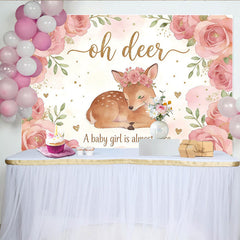 Lofaris Pink Floral Oh Deer Baby Girl Baby Shower Backdrop, Cute Woodland Animal Photography Background for Party Decor