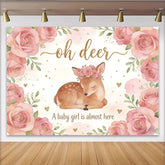 Lofaris Pink Floral Oh Deer Baby Girl Baby Shower Backdrop, Cute Woodland Animal Photography Background for Party Decor