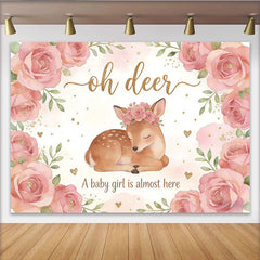Lofaris Pink Floral Oh Deer Baby Girl Baby Shower Backdrop, Cute Woodland Animal Photography Background for Party Decor