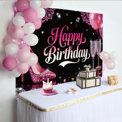 Lofaris Glamorous Pink Birthday Backdrop with High Heels and Diamonds, Elegant Party Background for Women Celebration