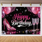 Lofaris Glamorous Pink Birthday Backdrop with High Heels and Diamonds, Elegant Party Background for Women Celebration