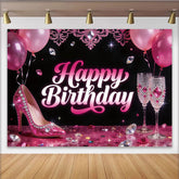 Lofaris Pink Glam Birthday Backdrop with High Heels and Champagne Glasses, Sparkling Party Background for Women's Celebration Photoshoot