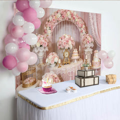 Lofaris Elegant Pink Rose Floral Arch Wedding Backdrop with Pearls and Lace, Romantic Party Decoration for Bridal Shower Photoshoot