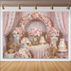 Lofaris Elegant Pink Rose Floral Arch Wedding Backdrop with Pearls and Lace, Romantic Party Decoration for Bridal Shower Photoshoot