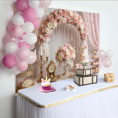 Lofaris Elegant Pink Rose Wedding Backdrop with Pearl Arch and Lace, Romantic Bridal Shower Background for Engagement Party Decor