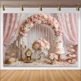 Lofaris Elegant Pink Rose Wedding Backdrop with Pearl Arch and Lace, Romantic Bridal Shower Background for Engagement Party Decor