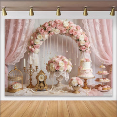 Lofaris Elegant Pink Rose Wedding Backdrop with Pearl Arch and Lace, Romantic Bridal Shower Background for Engagement Party Decor