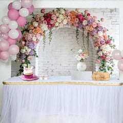 Lofaris Elegant Floral Arch Photography Backdrop with Pink and White Flowers, White Brick Wall Background for Photoshoot