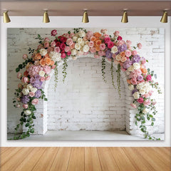 Lofaris Elegant Floral Arch Photography Backdrop with Pink and White Flowers, White Brick Wall Background for Photoshoot