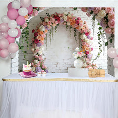 Lofaris Romantic Floral Arch Photography Backdrop for Wedding, White Brick Wall Background for Bridal Shower