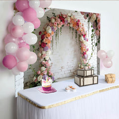 Lofaris Romantic Floral Arch Photography Backdrop for Wedding, White Brick Wall Background for Bridal Shower