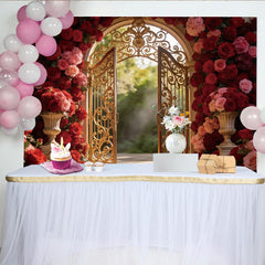 Lofaris Red and Pink Rose Photography Backdrop with Golden Gate, Luxurious Studio Background for Romantic Portrait