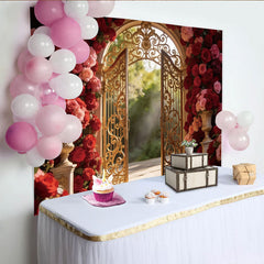 Lofaris Red and Pink Rose Photography Backdrop with Golden Gate, Luxurious Studio Background for Romantic Portrait