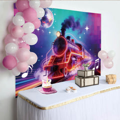 Lofaris Vibrant Neon Train Photography Backdrop with Disco Ball and Music Notes, Dynamic Party Background for Creative Photoshoots and Events