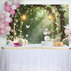 Lofaris Elegant Wooden Arch Wedding Backdrop with White Flowers and Lanterns, Romantic Garden Photography Background for Ceremony