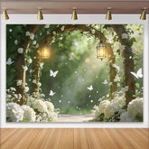 Lofaris Elegant Wooden Arch Wedding Backdrop with White Flowers and Lanterns, Romantic Garden Photography Background for Ceremony