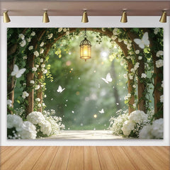 Lofaris Romantic White Floral Arch Photography Backdrop with Lantern, Elegant Garden Background for Wedding and Studio Photoshoot