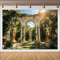 Lofaris Golden Angel and Neptune Statues Garden Photography Backdrop with Stone Arches, Lush Greenery Background for Artistic Photoshoot